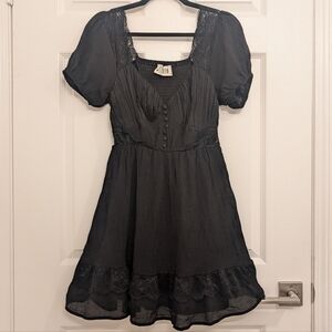 90s Y2K Black Dress Babydoll Lace Cutout Waist Fairy Whimsigoth Ruffle Milkmaid